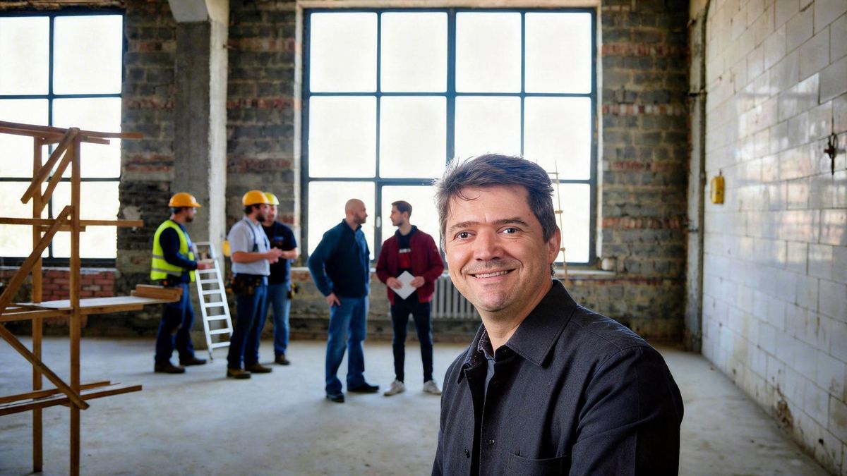 Roman Schneider in einem Umbauprojekt, im Hintergrund das Handwerker-Team (KI-generiert)