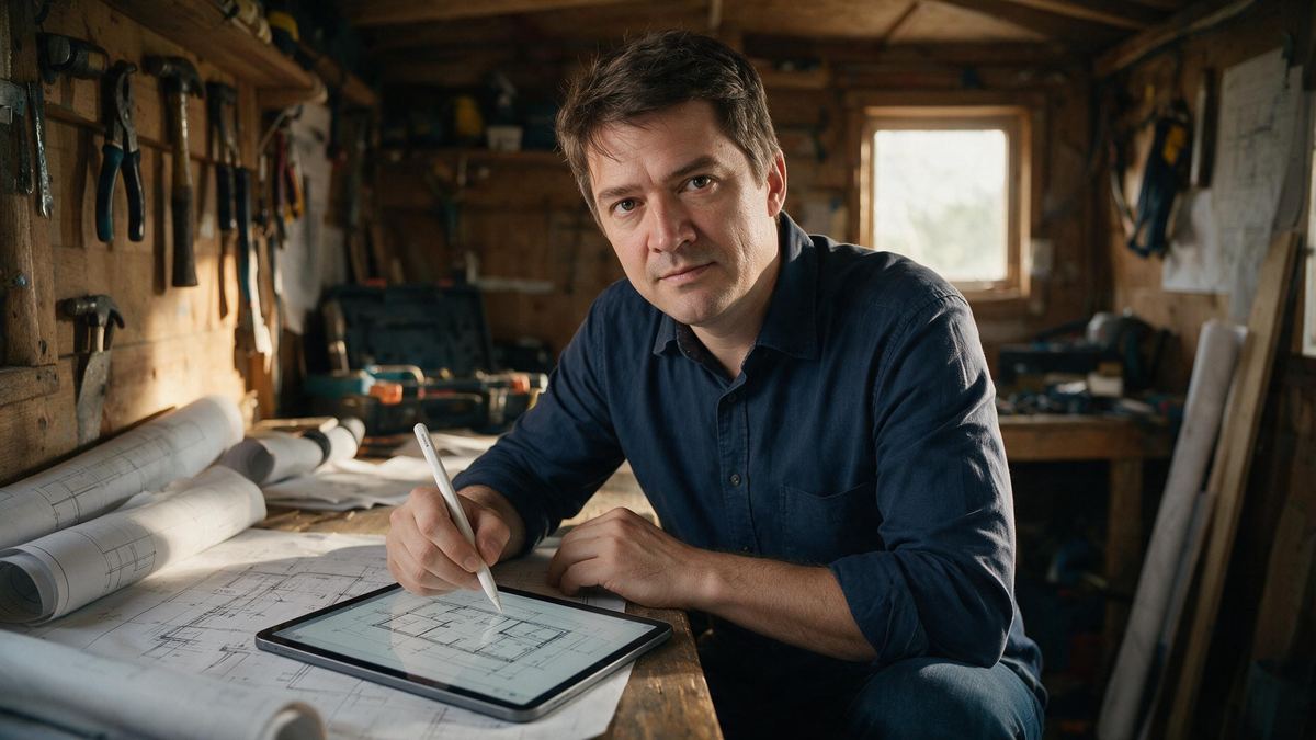 Roman Schneider plant am iPad in der Werkstatt (KI-generiert)